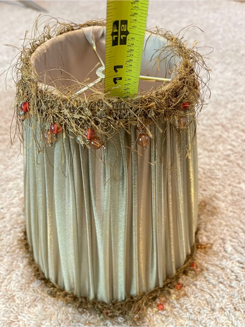 Vintage Victorian-style fringed beaded lampshade with a pleated, shimmery fabric